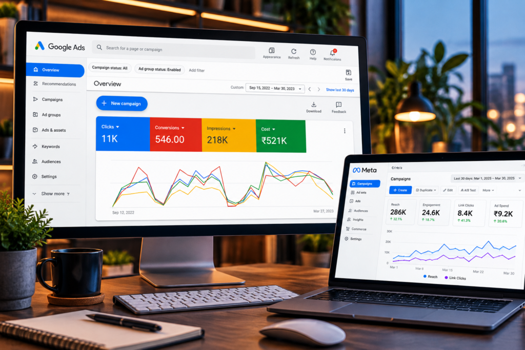 Illustrative Google Ads and Meta Ads campaign dashboards showing advertising performance analytics